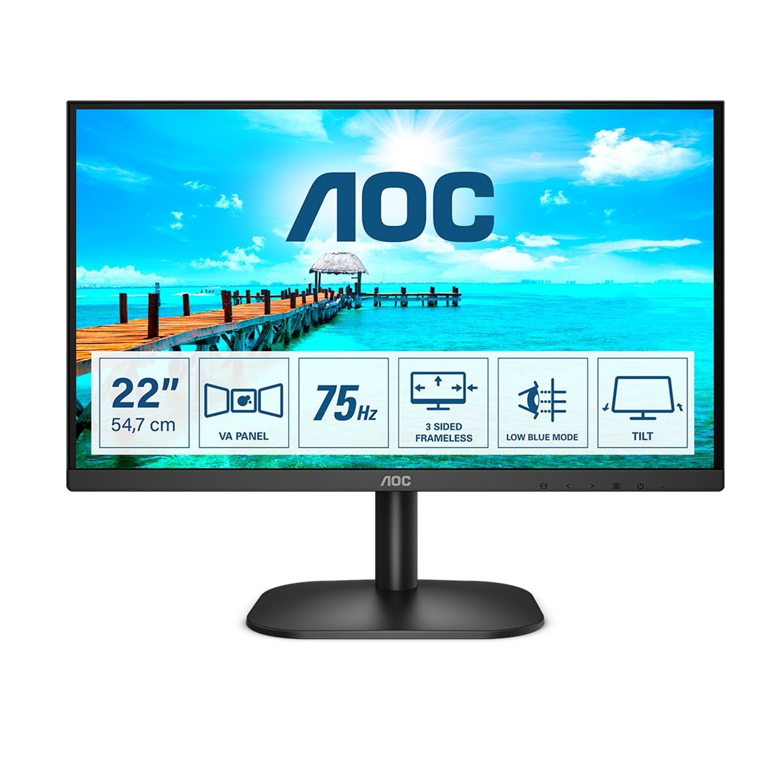 AOC 22B2H/EU 21.5 Inch Frameless Monitor, Full HD, Widescreen, VGA, HDMI, 4ms, 75Hz, VESA, Tilt-PCR Business Solutions Ltd